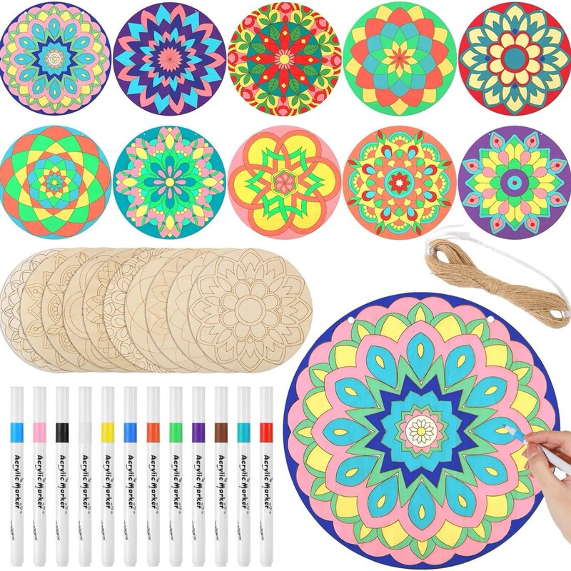 Mandala Painting Creative Round Wooden Pieces Children's DIY Handmade Graffiti Unfinished 25cm Round Decorations