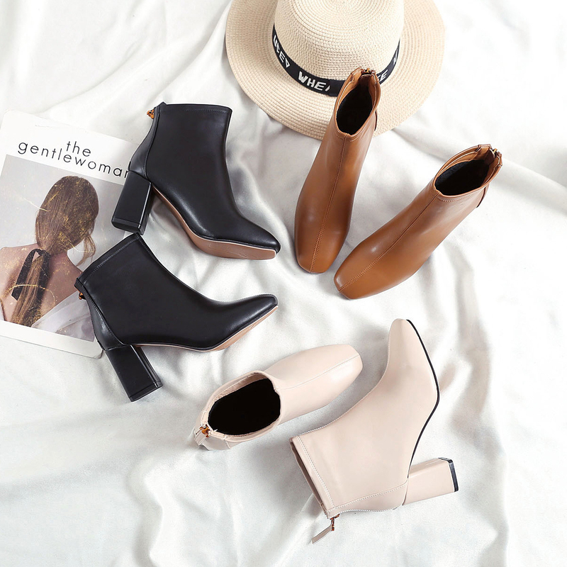 Square-Toe Ankle Boots for Women 2025 New Style Small Size High-Heeled Fleece-Lined Size 31 Short Boots Large Size Chunky Heel Versatile Size 32 Boots
