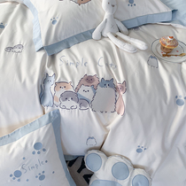 (Rich Mountain Strawberry) Cartoon Cute Little Kitty Four Pieces Full Cotton Pure Cotton 60 Long Suede Cotton Embroidered Quilt Cover
