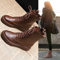 Leather Martin Boots Female English Style 2021 Autumn Winter New Flat Boots Joker Casual Plus Cotton Boots