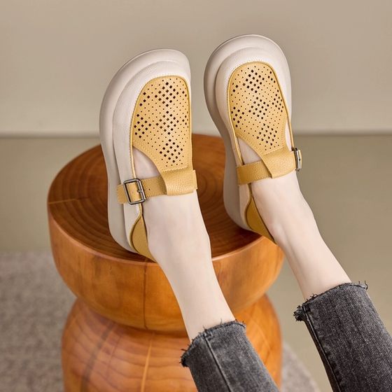 包头罗马凉鞋女2025年新款夏季平底休闲洞洞鞋真皮踩跟镂空单鞋子