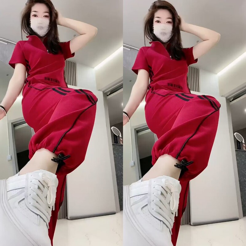 Casual Half-Open Collar Sports Suit 2025 Summer New Color-Blocked Waist-Cinching Short-Sleeve Drawstring Lantern Pants Two-Piece Set