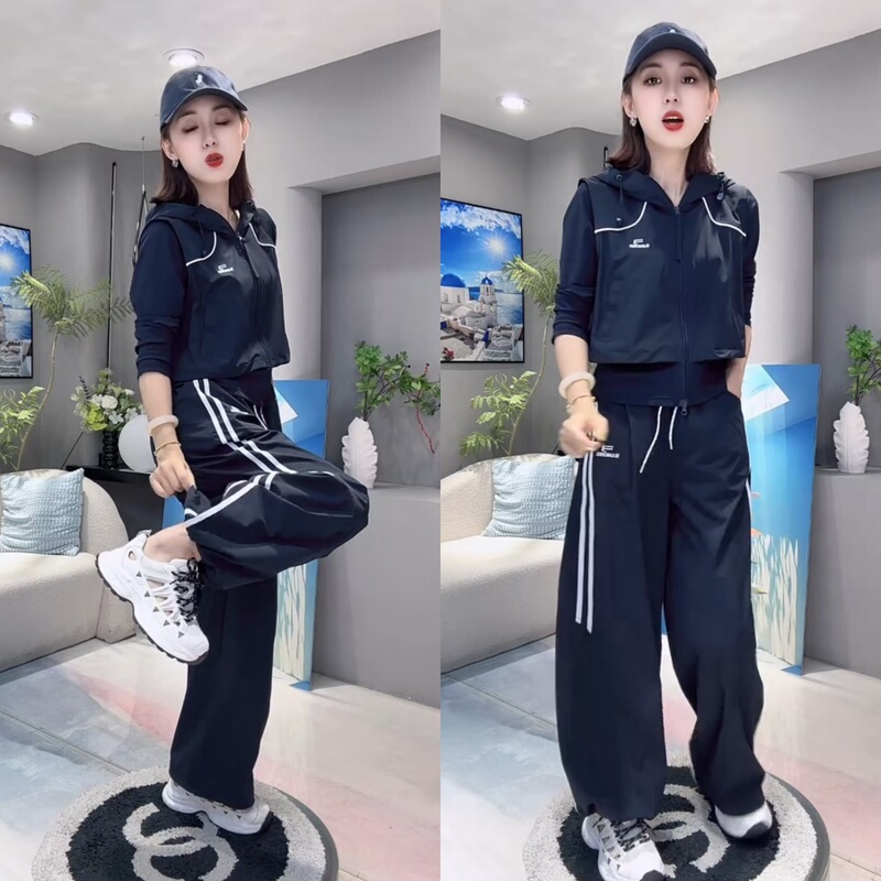 Casual and Fashionable Fake Two-Piece Hooded Jacket and Cargo Pants Set, Early Autumn New Style, Sporty American Style Color-Blocking Two-Piece Set for Women Casual and Fashionable Fake Two-Piece Hooded Jacket and Cargo Pants Set, Early Autumn New Style, Sporty American Style Color-Blocking Two-Piece Set for Women