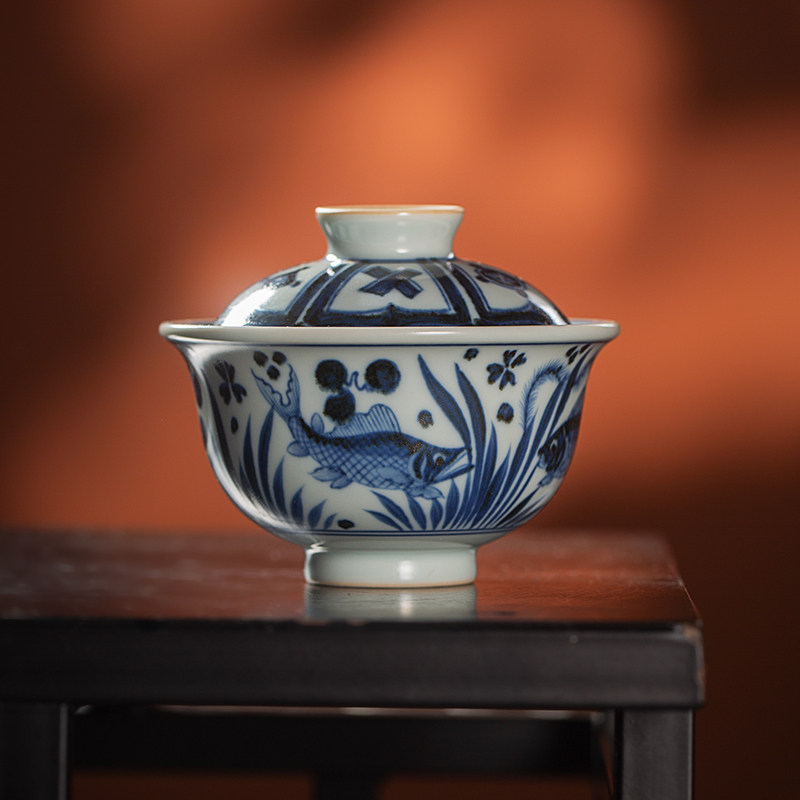 景徳鎮 元青花磁器魚藻紋懸停二才蓋碗 茶碗 煎茶