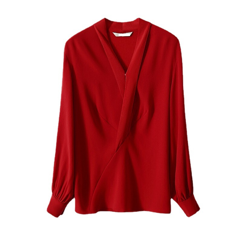 25 New Products for the Year of Birth, Red High-End Simple Acetate French V-Neck Silk Shirt with Long Sleeves and Inner Layering Top