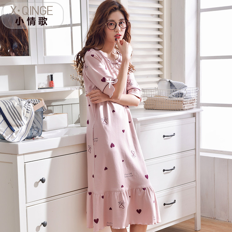 Nightdress women's summer pure cotton mid-length thin section pregnant women's knee-length cotton silk cute one-piece pajamas skirt summer home service
