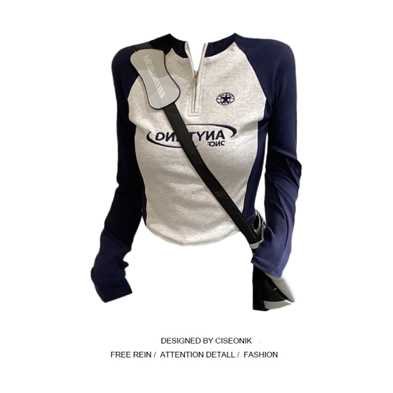 Plus-Size American Retro Style Long-Sleeve T-Shirt for Women, Spring and Autumn Slim-Fit Zip-Up Inner Layer, Short Spliced Top Plus-Size American Retro Style Long-Sleeve T-Shirt for Women, Spring and Autumn Slim-Fit Zip-Up Inner Layer, Short Spliced Top