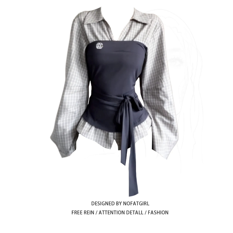 Plus-Size Korean-Style Faux Two-Piece Plaid Shirt for Women, Spring 2026, Waist-Cinching, Slimming, Stylish Long-Sleeve Top Plus-Size Korean-Style Faux Two-Piece Plaid Shirt for Women, Spring 2026, Waist-Cinching, Slimming, Stylish Long-Sleeve Top