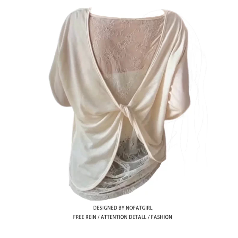 Plus-Size Women's Clothing for Fat Girls, Korean Style Back-Cutout Lace Splicing Sun Protection Top, Super Nice-Looking Summer Long-Sleeved T-Shirt