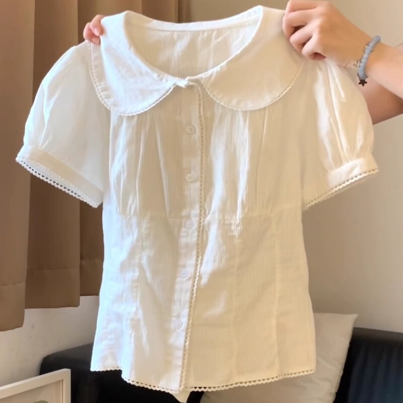 Summer New Slim-Fit Waist-Cinching Top Plus Size for Chubby Girls Korean Sweet Style Puff Sleeve Doll Collar White Shirt Trendy