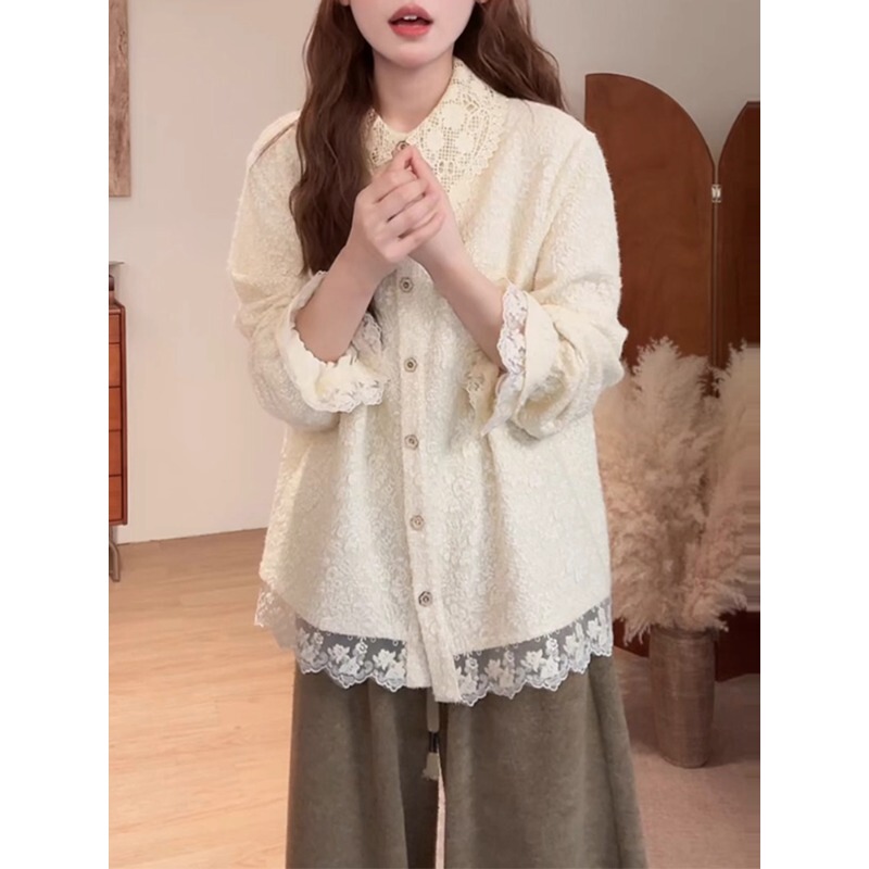 Autumn and Winter French-Style Unique and Beautiful Shirts for Plus-Size Women, Covering the Body and Making Them Look Slimmer, Large-Size Design, Lace Long-Sleeve Shirts, Trendy Autumn and Winter French-Style Unique and Beautiful Shirts for Plus-Size Women, Covering the Body and Making Them Look Slimmer, Large-Size Design, Lace Long-Sleeve Shirts, Trendy