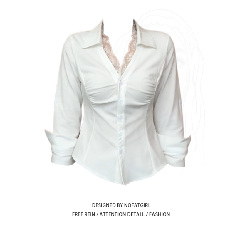 Spring Style Mature and Sexy Elegant Slim-Fit Top Plus Size Women's Lace Trim V-Neck Long-Sleeve Shirt Trendy Spring Style Mature and Sexy Elegant Slim-Fit Top Plus Size Women's Lace Trim V-Neck Long-Sleeve Shirt Trendy
