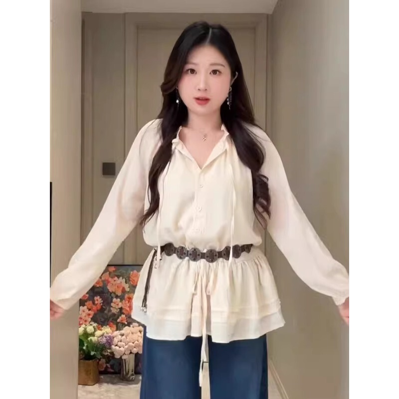 Plus Size French-Style Ruffled Drawstring Shirt for Women, New Summer Model, Unique and Beautiful, Great-Looking Top with Belt