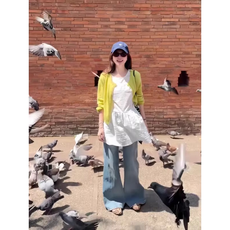 Plus-Size Korean-Style Yellow Cardigan and White Tank Dress for Women, New Spring Collection, High-End Chic and Unique Set