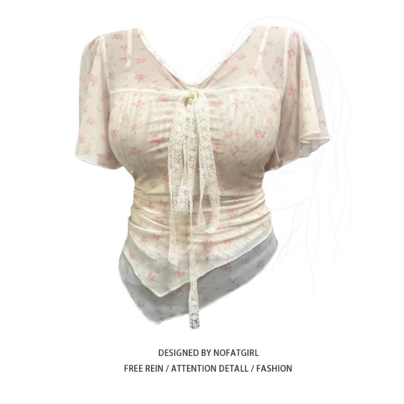 Plus Size, Super Pretty, Pure and Alluring Floral Lace Tie-Up Short-Sleeve T-Shirt for Women, 2026 Summer Design, Irregular Top