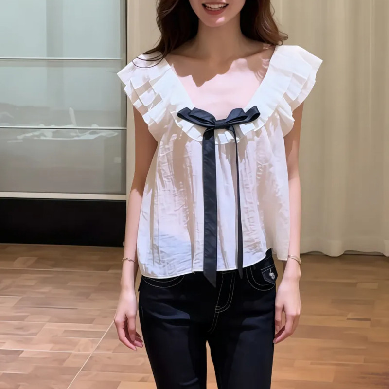 Plus-Size Korean-Style Sweet Flutter-Sleeve V-Neck Blouse for Women, Summer Bowknot White Loose Design Top Trendy Plus-Size Korean-Style Sweet Flutter-Sleeve V-Neck Blouse for Women, Summer Bowknot White Loose Design Top Trendy