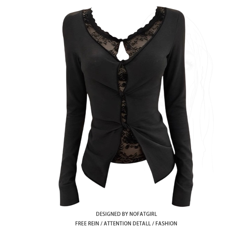 Plus-Size Fat Girl Pure Desire Lace Splicing V-Neck Long-Sleeve T-Shirt for Women, Autumn 2026 New Slim-Fit Slimming Base Shirt Plus-Size Fat Girl Pure Desire Lace Splicing V-Neck Long-Sleeve T-Shirt for Women, Autumn 2026 New Slim-Fit Slimming Base Shirt