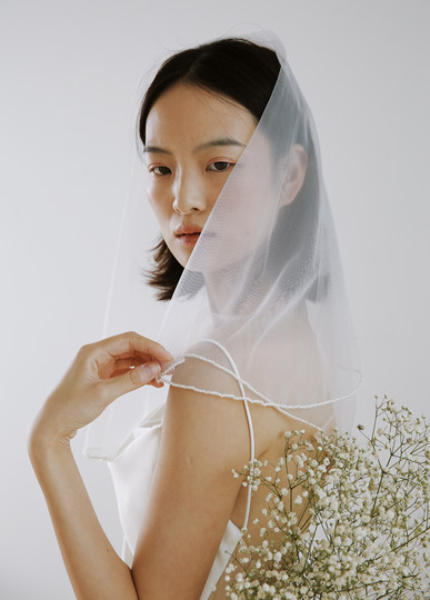 Yesdress新娘结婚领证登记手工珍珠边双层头纱