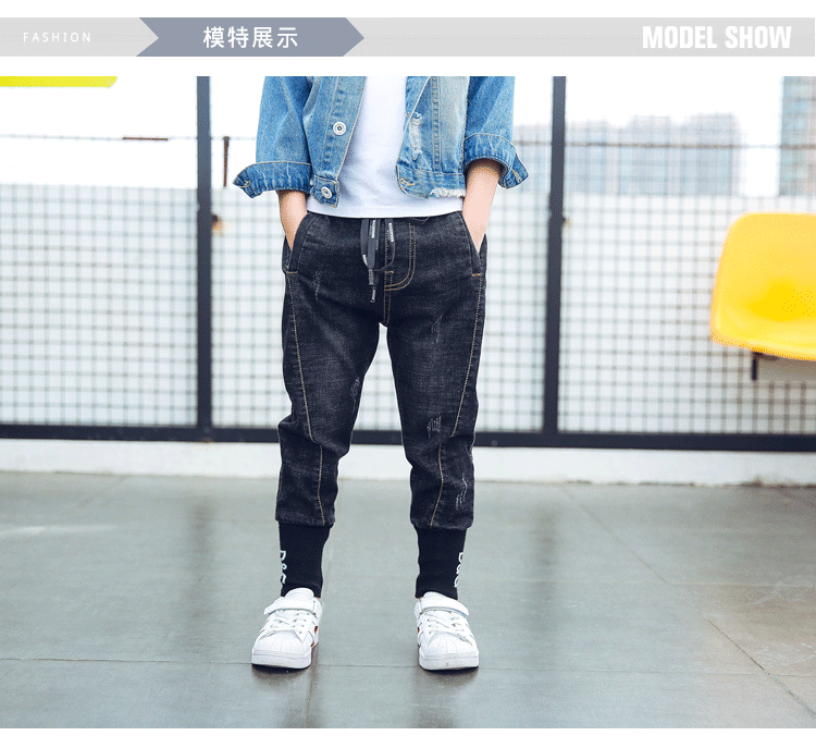 Quần jeans nam xuân thu mới 2018 phiên bản Hàn Quốc của những chiếc quần lửng ống rộng trẻ em mùa đông trẻ em cộng với quần nhung quần legging bé gái