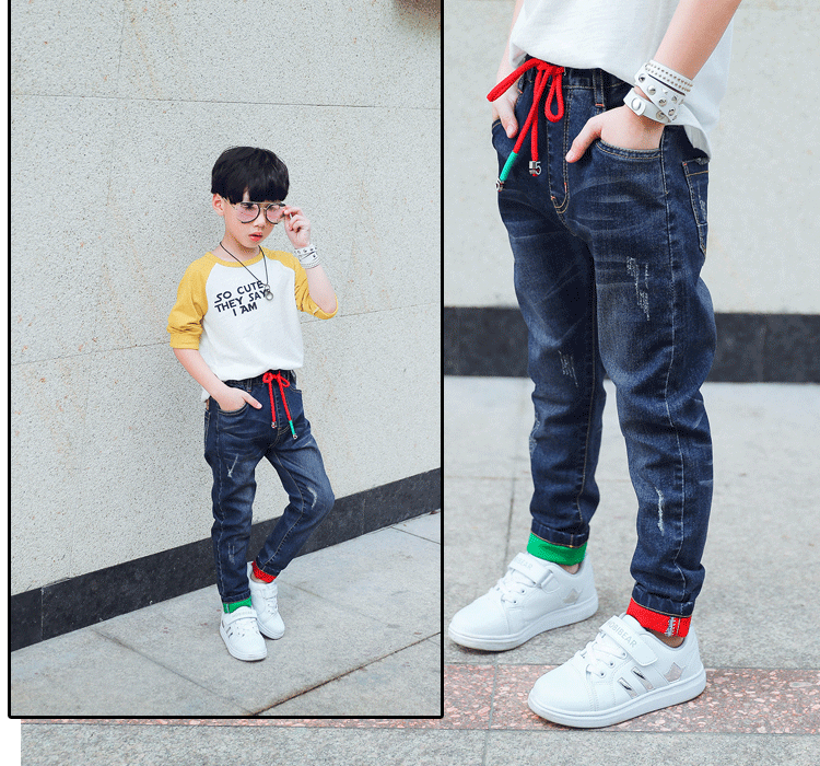 Quần jeans nam xuân hè 2018 phiên bản Hàn Quốc mới của mùa đông mặc quần lửng ống rộng trẻ em quần trẻ em cộng với quần nhung quần jean trẻ em xuất khẩu