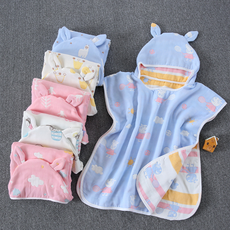 Baby children's bath towel Baby hooded cape Cloak cute cotton gauze robe autumn and winter thickened water absorption quick-drying