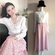 French style V-neck white lace top floral high-waisted skirt sexy women spring and autumn new style