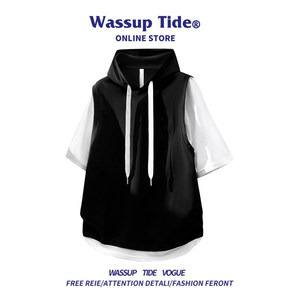 Wassup Tide Fake Two-Piece Short-Sleeved Hooded T-Shirt Casual Style Pullover for Men and Women Loose Casual T-Shirt Top