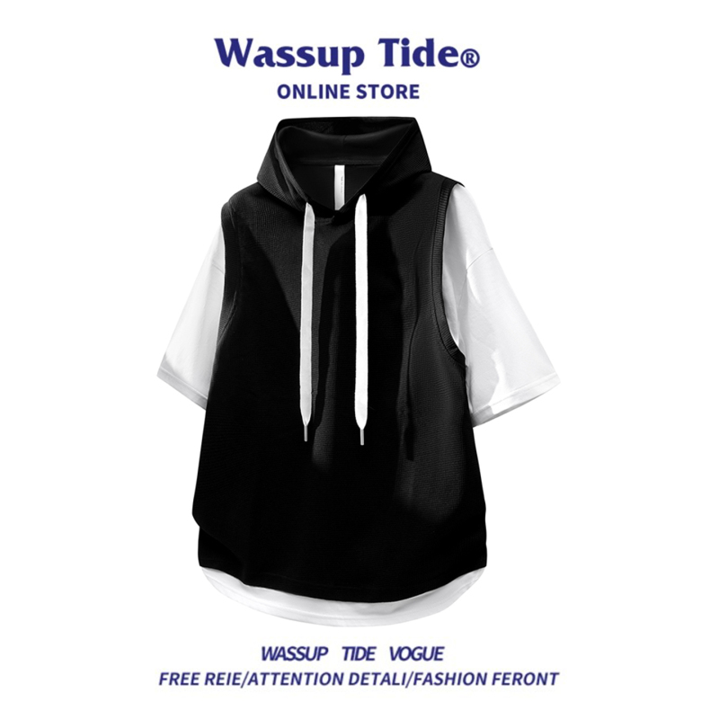 Wassup Tide Fake Two-Piece Short-Sleeved Hooded T-Shirt Casual Style Pullover for Men and Women Loose Casual T-Shirt Top