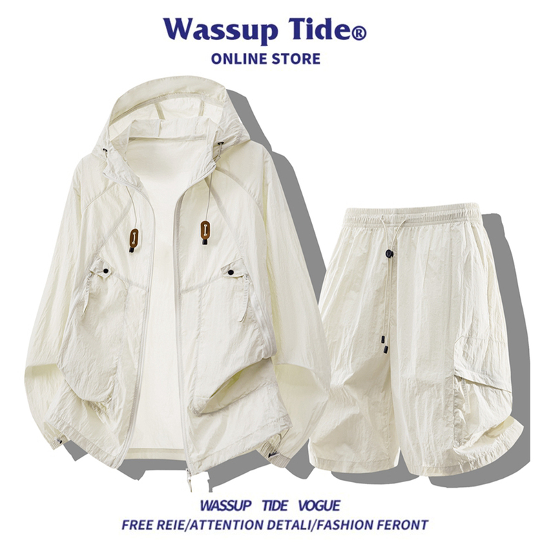 Wassup Tide Lightweight Sun Protection Clothing Set Upf50+ Men's and Women's Hooded Outdoor Sun Protection Set Two-Piece Set
