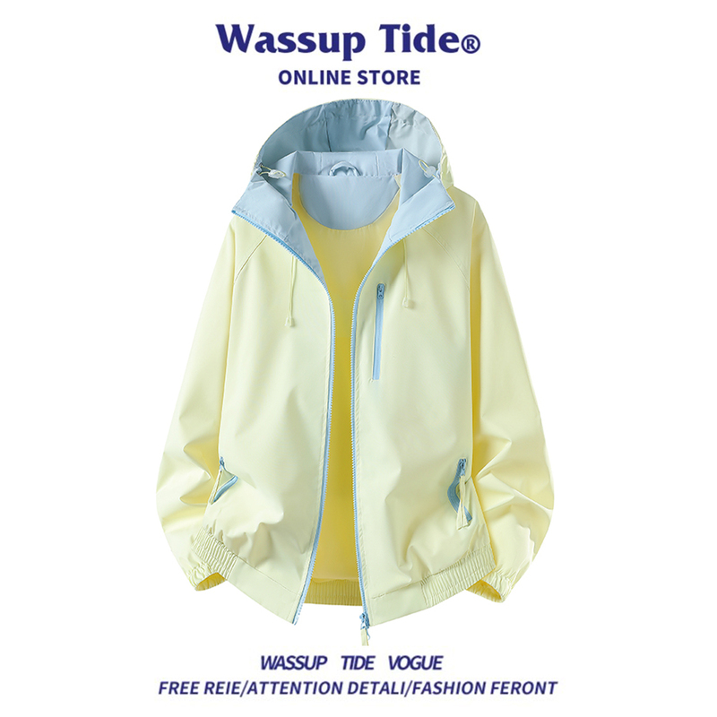 Wassup Tide Spring Hooded Jacket for Men and Women, Loose Casual Trendy Brand Coat, Dopamine Color-Blocking Windbreaker
