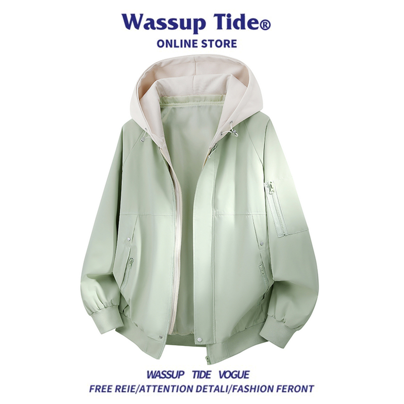 Wassup Tide American Retro Fake Two-Piece Hooded Jacket Spring Loose Windproof Trendy Casual Coat