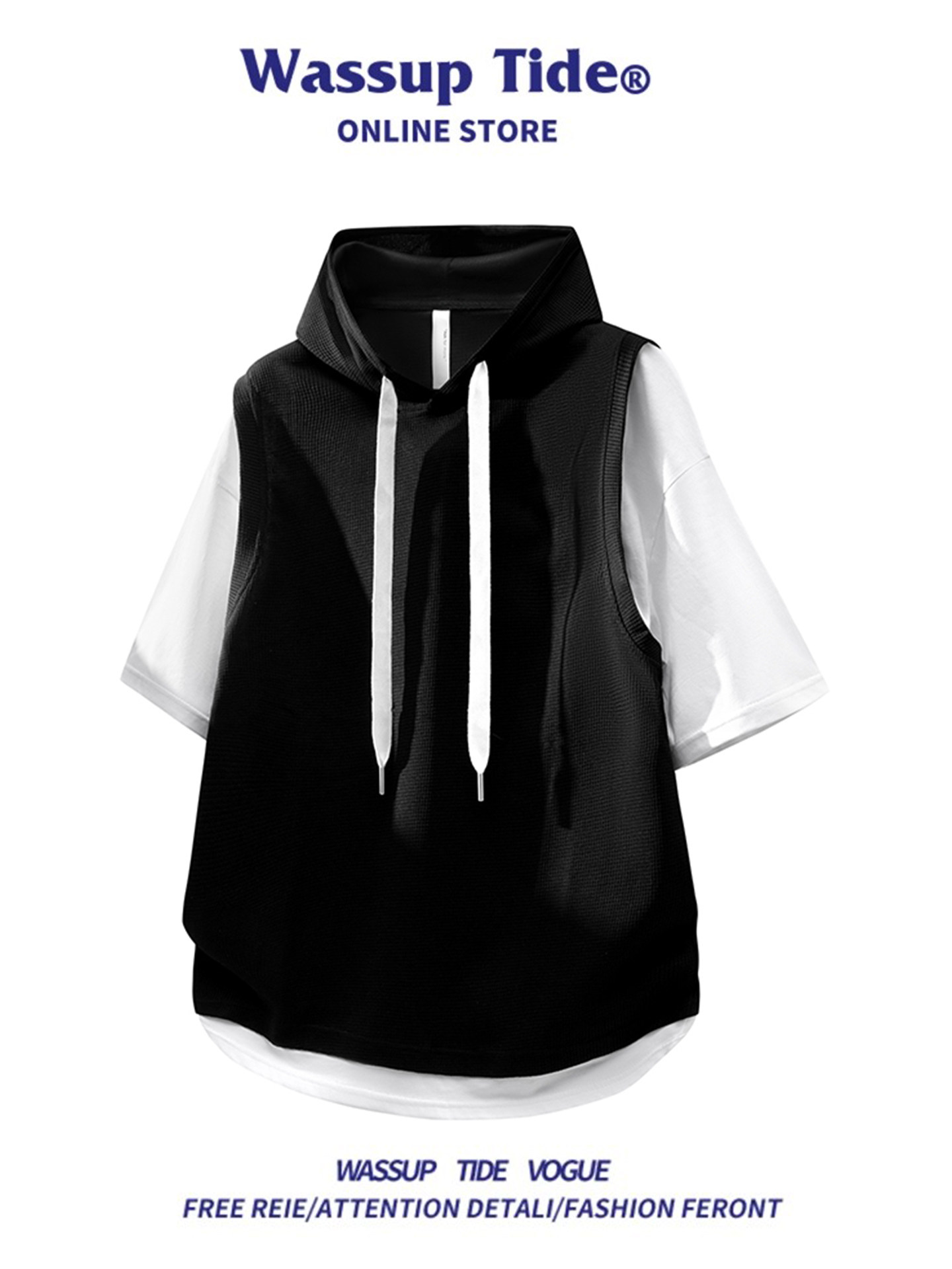 Wassup Tide Fake Two-Piece Short-Sleeved Hooded T-Shirt Casual Style Pullover for Men and Women Loose Casual T-Shirt Top