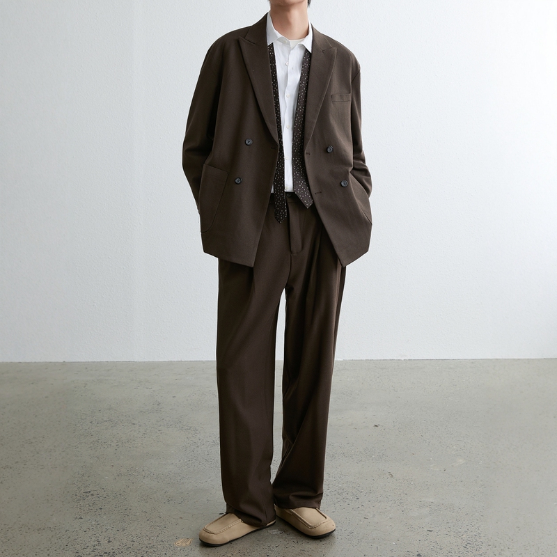Mr Mukok Old Money Style Spring Men's Double-Breasted Suit Set Casual Loose Vintage Coffee-Colored Blazer