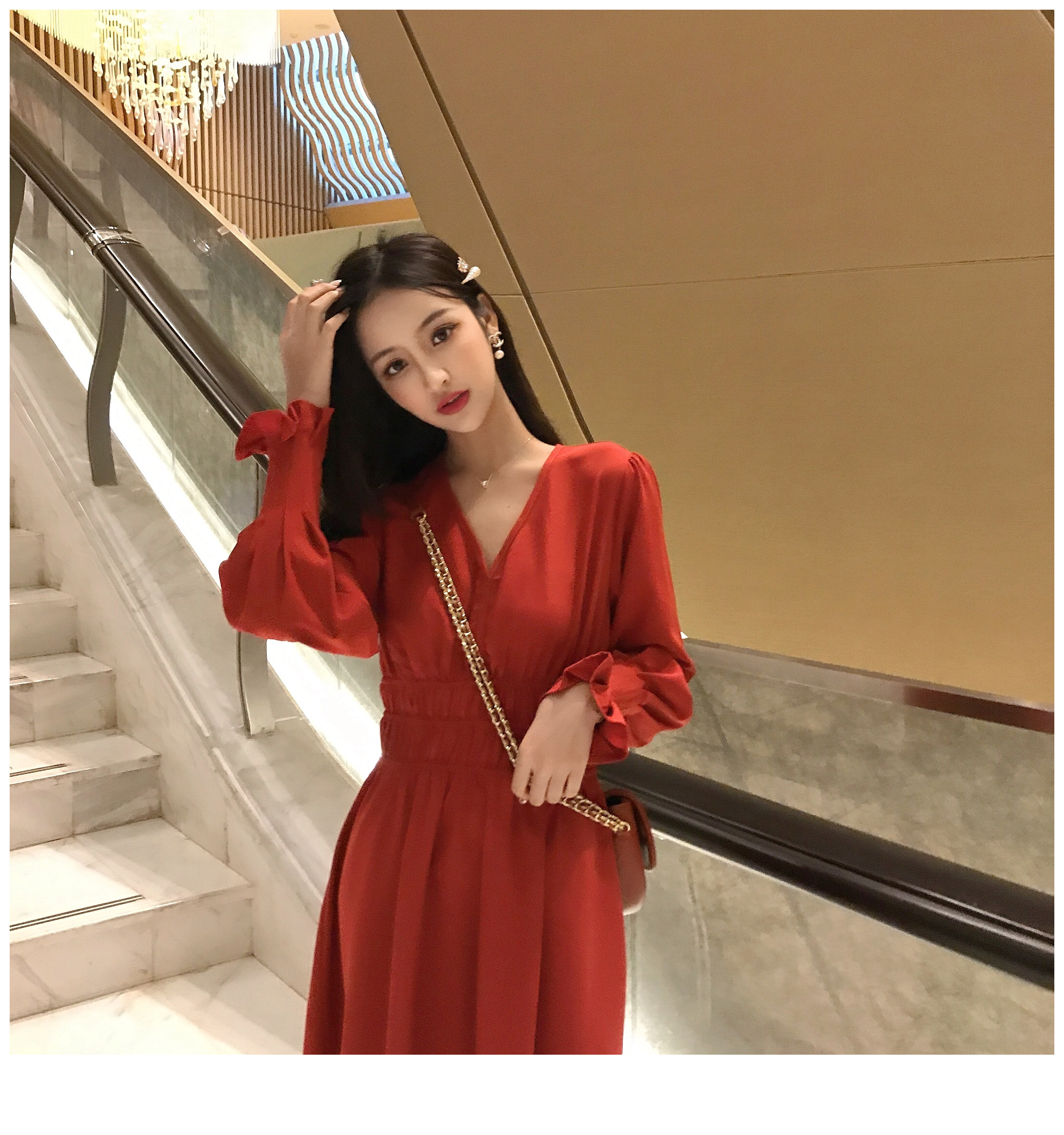 VK旗艦店 韓系優雅V領褶皺收腰簡約氣質長袖洋裝