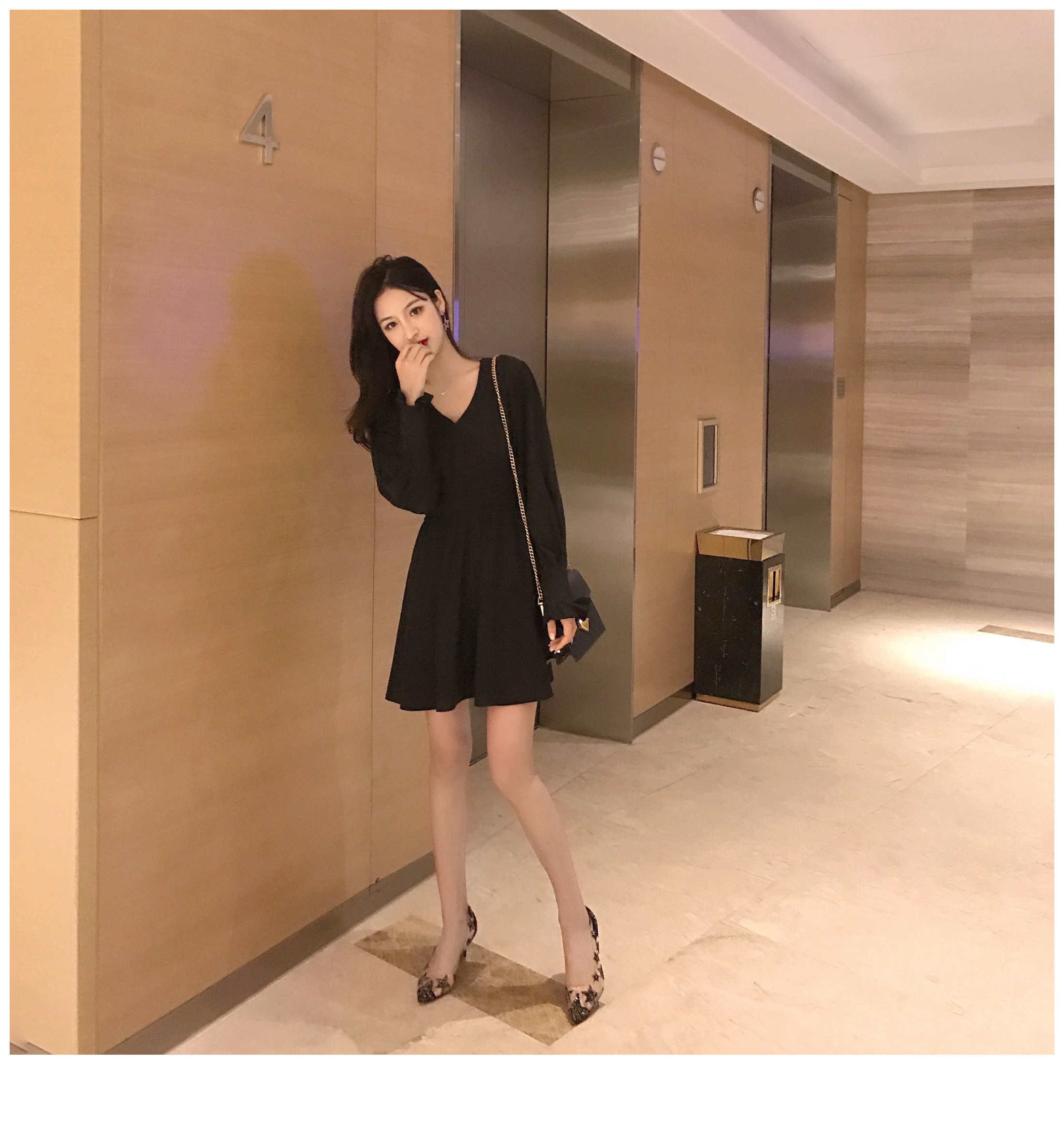 VK旗艦店 韓系優雅V領褶皺收腰簡約氣質長袖洋裝