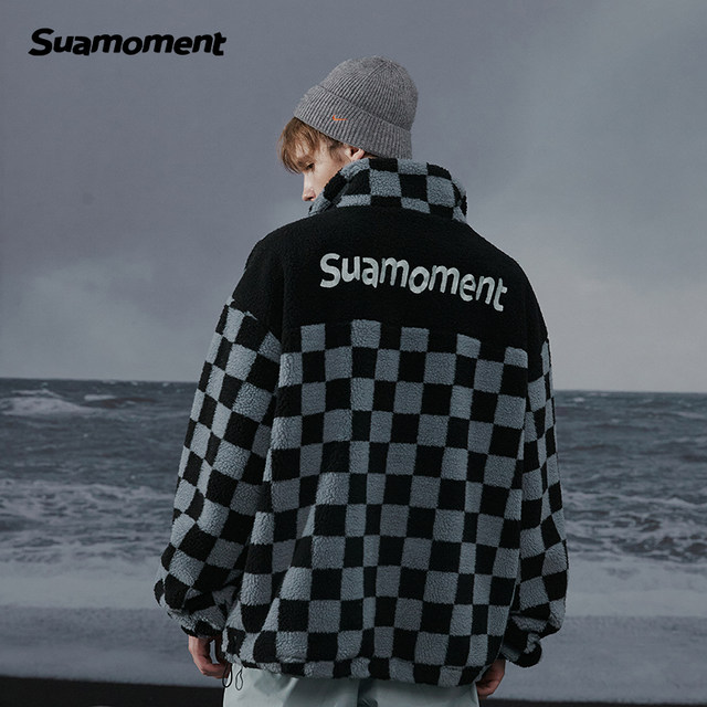 Suamoment scratch checkerboard imitation sherpa jacket ເຄື່ອງນຸ່ງຫົ່ມລະດູຫນາວຂອງຜູ້ຊາຍບວກກັບ velvet ຄູ່ເສື້ອ shearling ບາດເຈັບແລະ