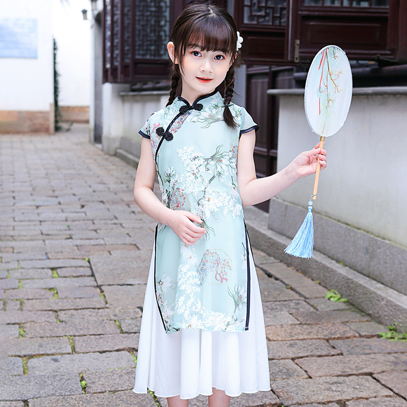 Girls' cheongsam dress summer new style buckle stand-up collar broken flower children's cheongsam dress temperament antique suit dress