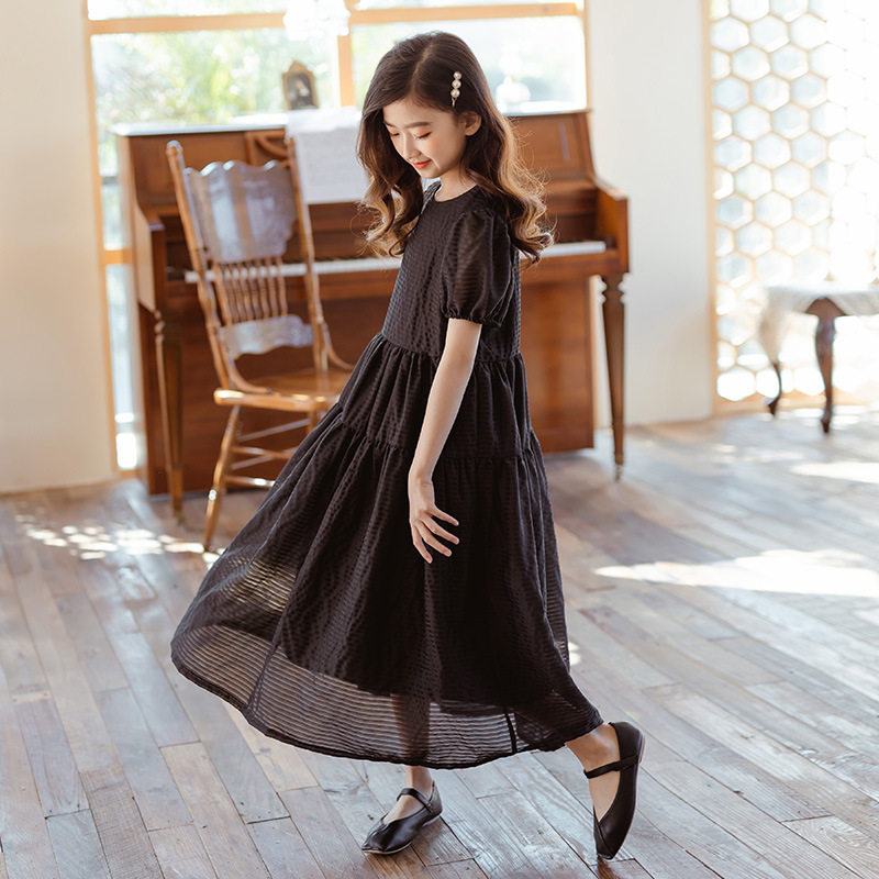 2021 new girls' puff sleeve princess skirt summer Korean version of children's clothing round neck dress summer lady dress skirt