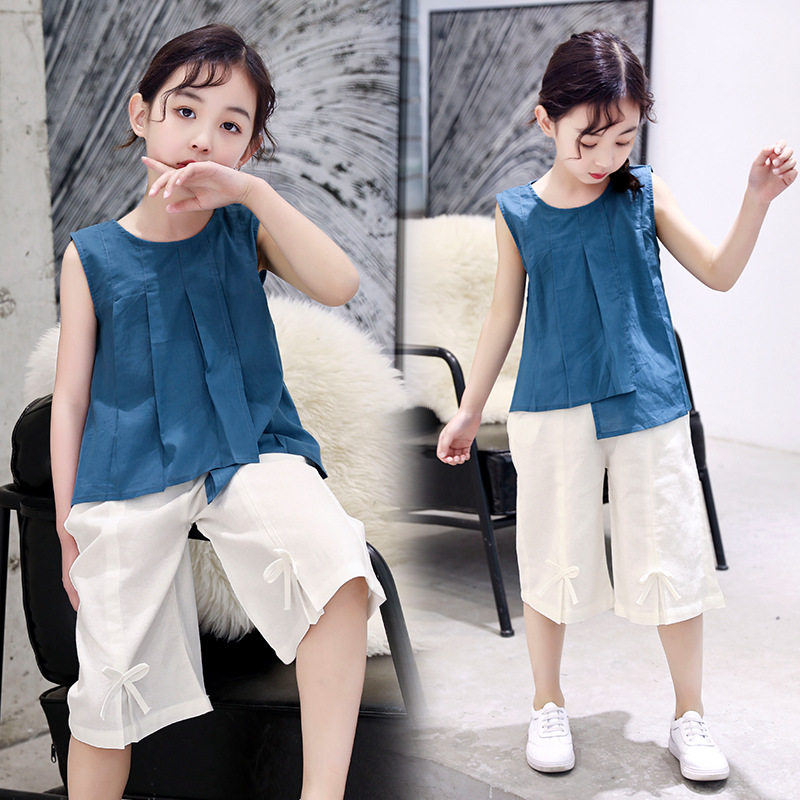 Children's clothing 2021 summer new girls middle-aged children's solid color Korean version loose water blue vest white pants suit