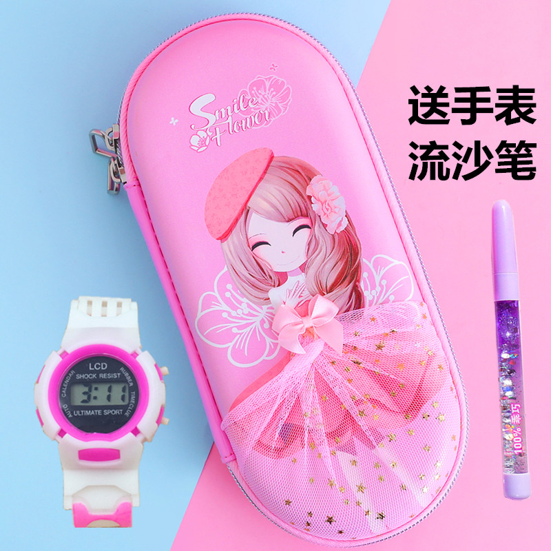 Flower Girl Pen Bag Korea Pencil Case Brief Girls Elementary School Students Fresh And Cute Princess Children Lead Pencil Case Large Capacity Multilayer Stationery Girl's Pen Bag (Send Watches Streaming Sand Pen)