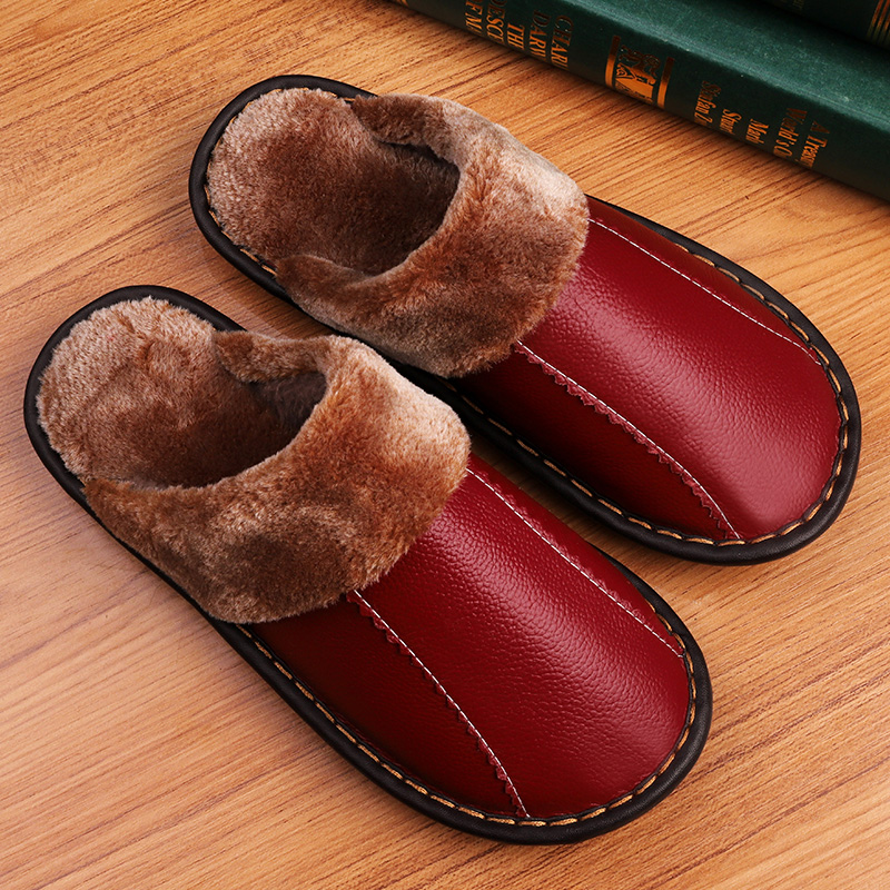 Winter Head Layer Cow Leather In-home Winter Warmth Home Men And Women's Thick Bottom Non-slip Indoor Couple Genuine Leather Cotton Slippers