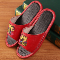 Small children with indoor full leather massage midsole children embroidered cartoon fashion bull leather slippers indoor summer slippers