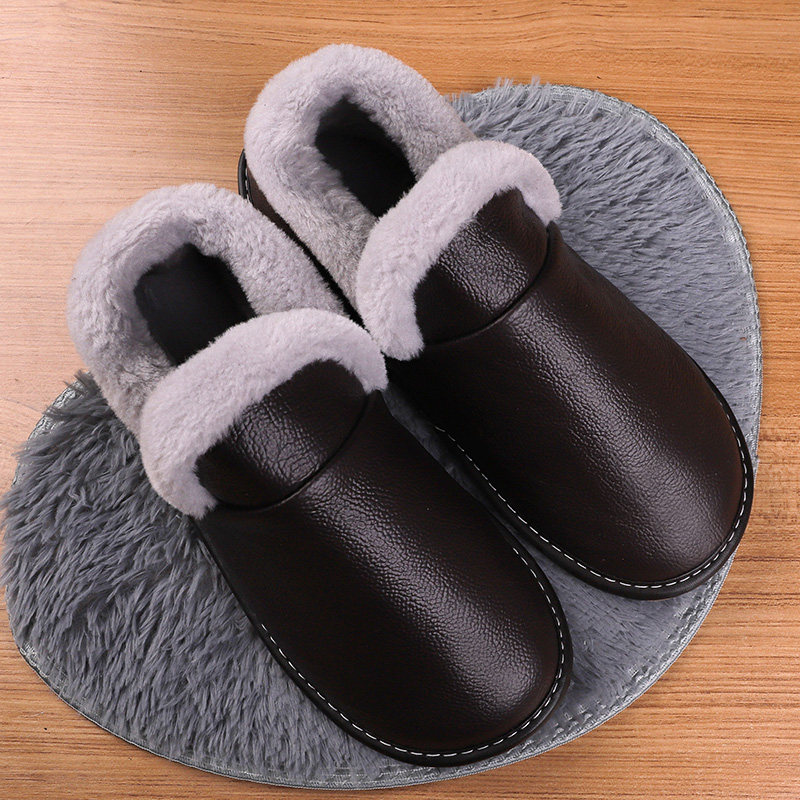 Genuine leather warm cotton shoes autumn winter home bag heel strap followed by indoor home thick bottom cotton slippers male and female bag heel