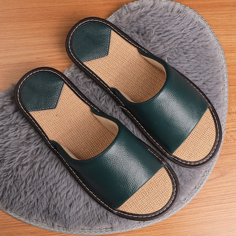 Cow Leather Linen Home Slippers Female Summer Home Indoor Bedroom Non-slip Deodorant Soft Bottom Genuine Leather Sandals for Men Home