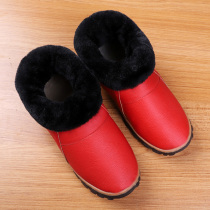 Genuine Leather Cotton Slippers Womens Bag Heel Winter Home Indoor Couple Seniors Thick Bottom Non-slip Home Warm Cotton Shoes Men