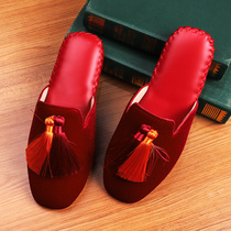 Spring and Autumn Handmade imitation leather tassel velvet home leather slippers indoor floor soft bottom Home Festive couple slippers
