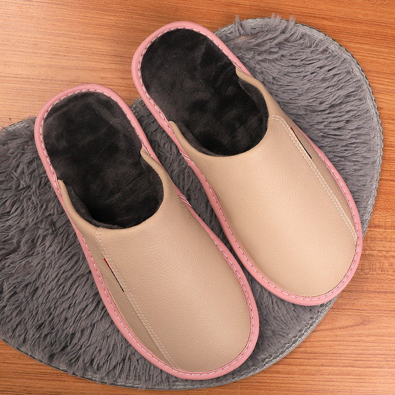 Genuine leather slippers at home for winter ladies indoor lovers non-slip bull gluten bottom warm full cow leather cotton slippers men's winter