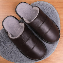 Cow Leather Cotton Slippers Women Winter Couples Home With Non-slip Thick Bottom Waterproof Warm Genuine Leather Wool Plush Slippers