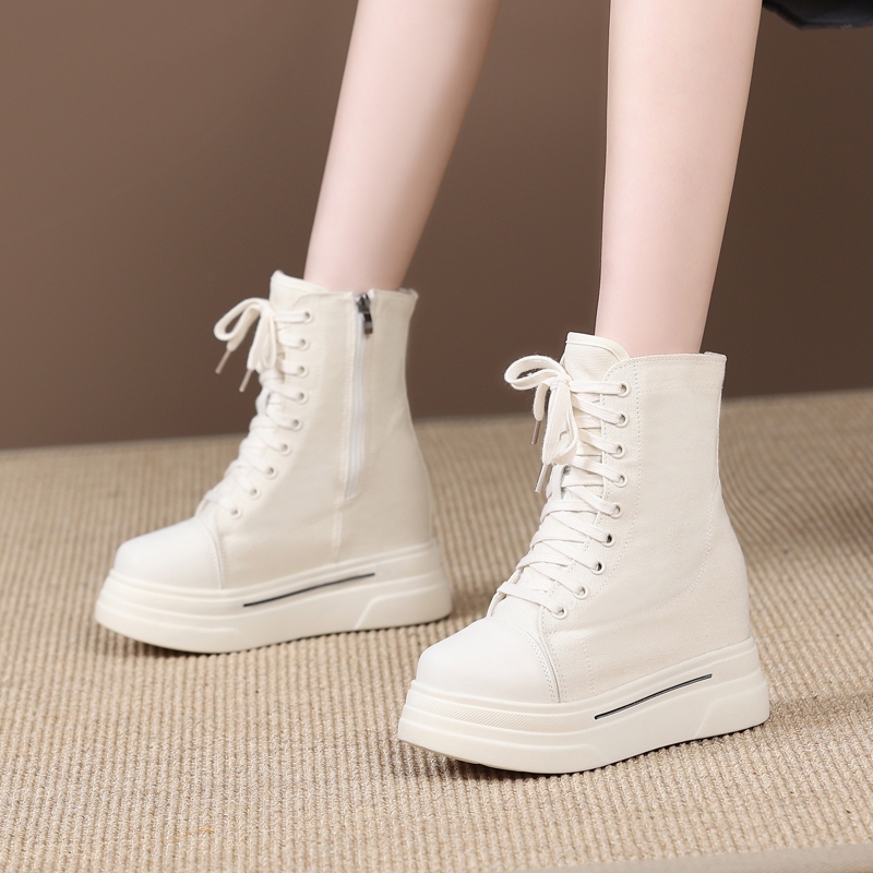 14cm Invisible Height-Increasing Martin Boots for Women 2025 New Spring and Autumn Single Boots for Petite Women with Hidden Height Increase Versatile Canvas Shoes