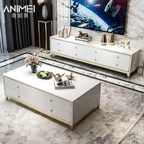 American light luxury TV cabinet tea table combination gold-plated living room modern simple stainless steel floor cabinet set TV cabinet